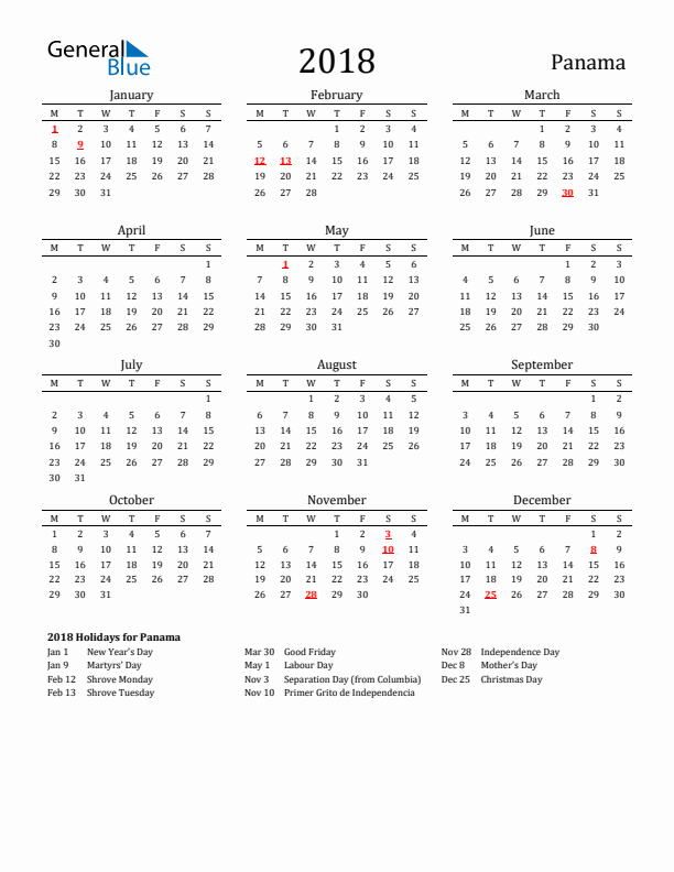 Panama Holidays Calendar for 2018