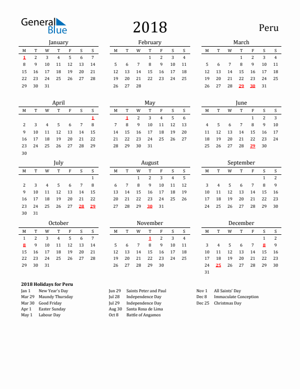 Peru Holidays Calendar for 2018