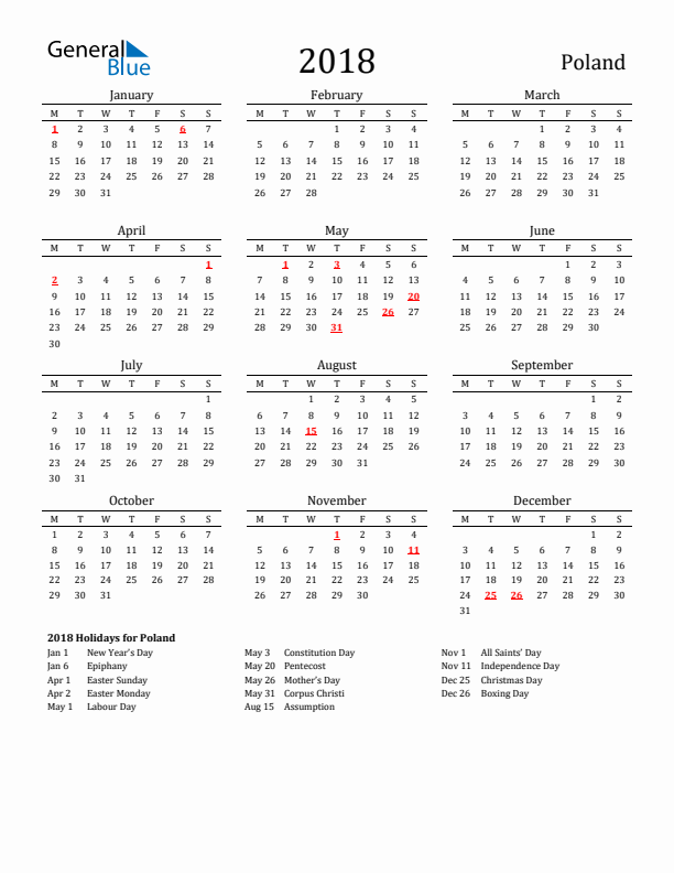Poland Holidays Calendar for 2018