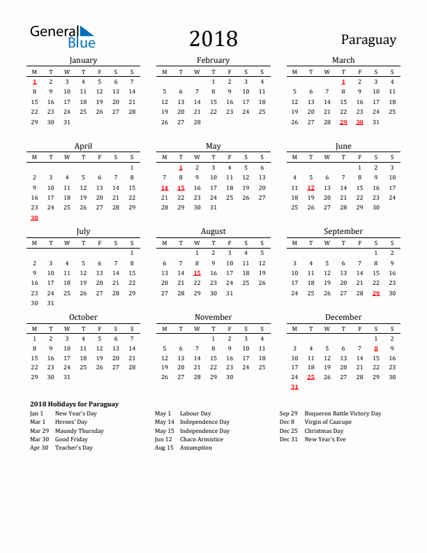 Paraguay Holidays Calendar for 2018
