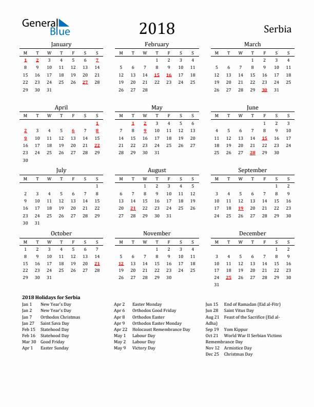 Serbia Holidays Calendar for 2018