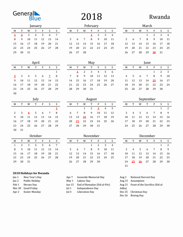 Rwanda Holidays Calendar for 2018