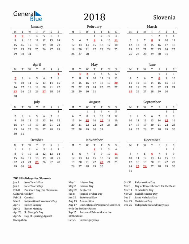 Slovenia Holidays Calendar for 2018