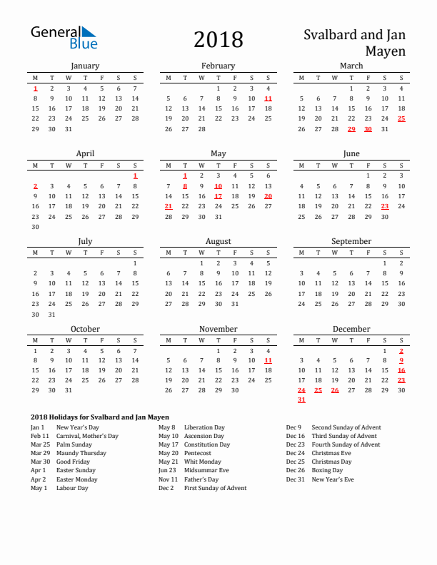 Svalbard and Jan Mayen Holidays Calendar for 2018