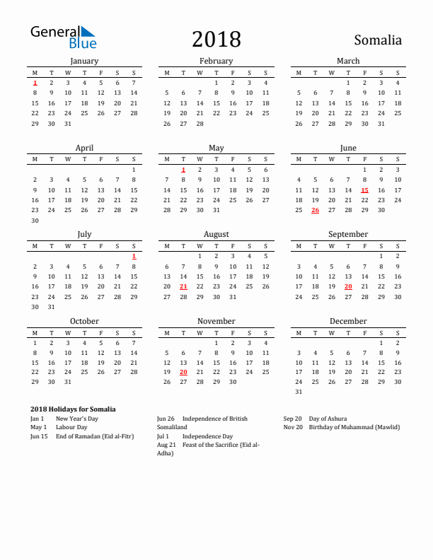 Somalia Holidays Calendar for 2018