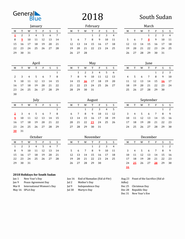 South Sudan Holidays Calendar for 2018