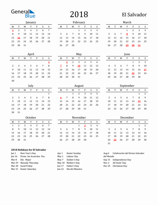 El Salvador Holidays Calendar for 2018