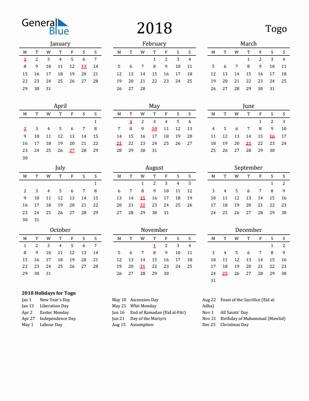 Togo Holidays Calendar for 2018