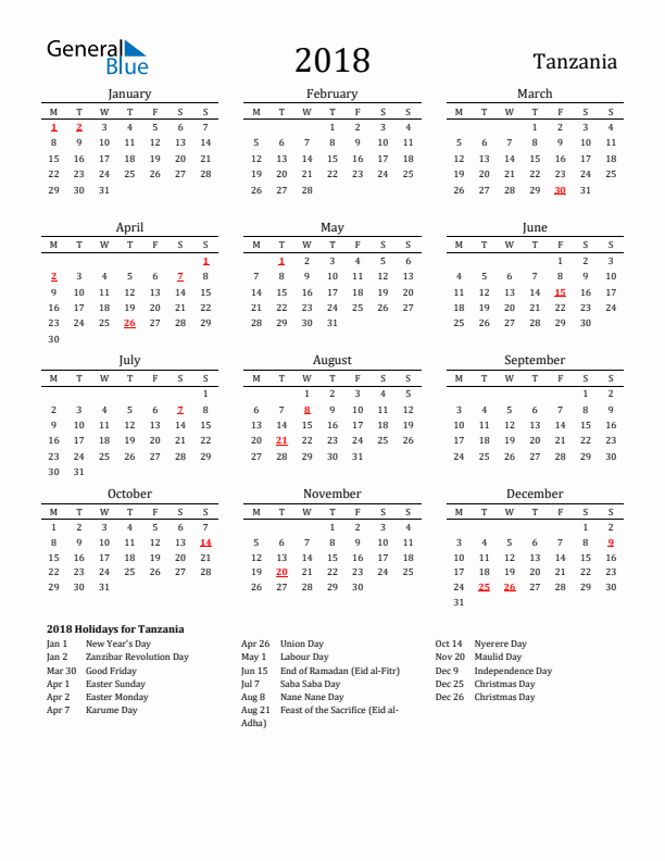 Tanzania Holidays Calendar for 2018