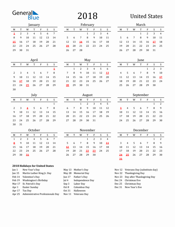 United States Holidays Calendar for 2018