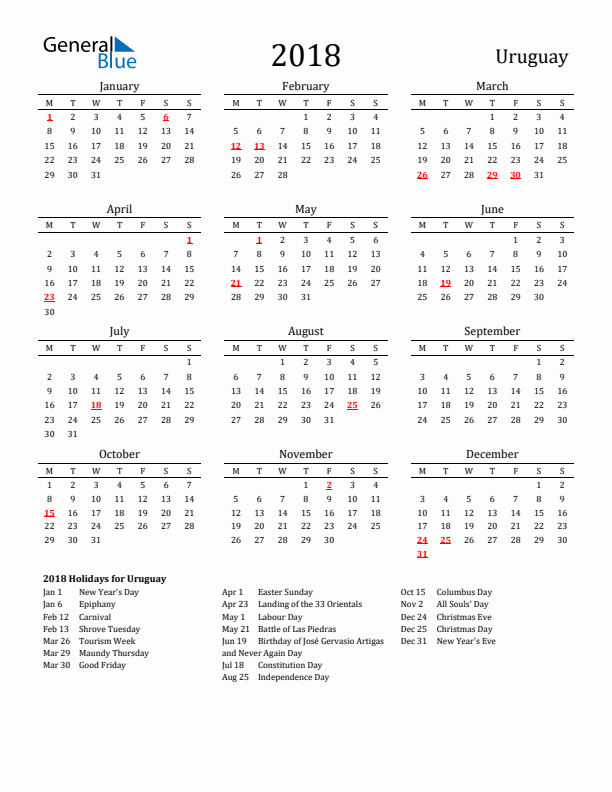 Uruguay Holidays Calendar for 2018