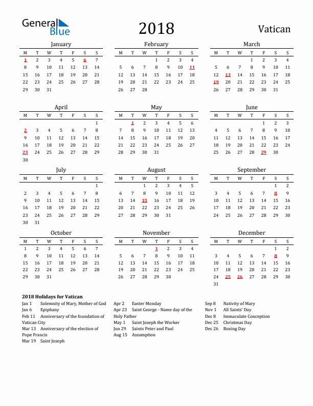 Vatican Holidays Calendar for 2018