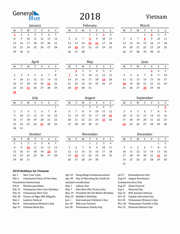 Vietnam Holidays Calendar for 2018