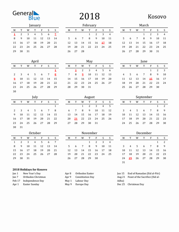 Kosovo Holidays Calendar for 2018
