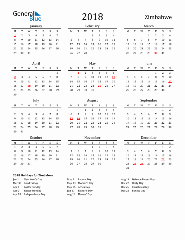Zimbabwe Holidays Calendar for 2018