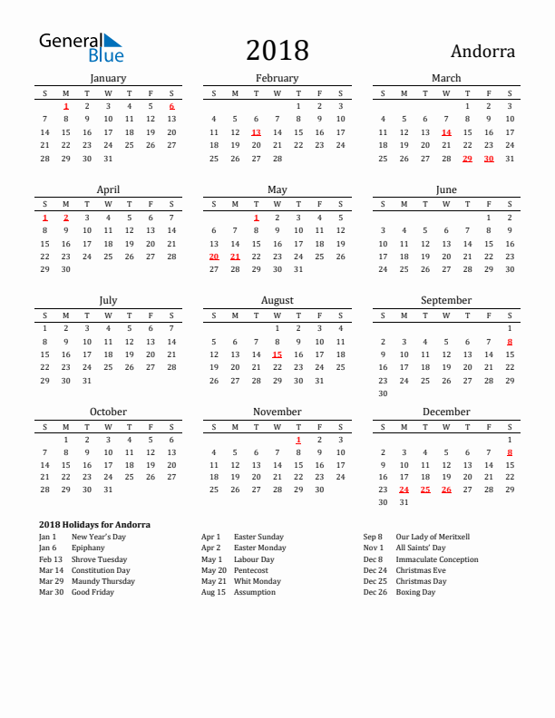 Andorra Holidays Calendar for 2018