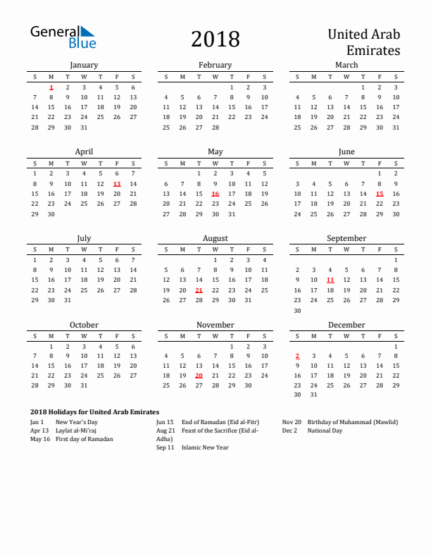 United Arab Emirates Holidays Calendar for 2018