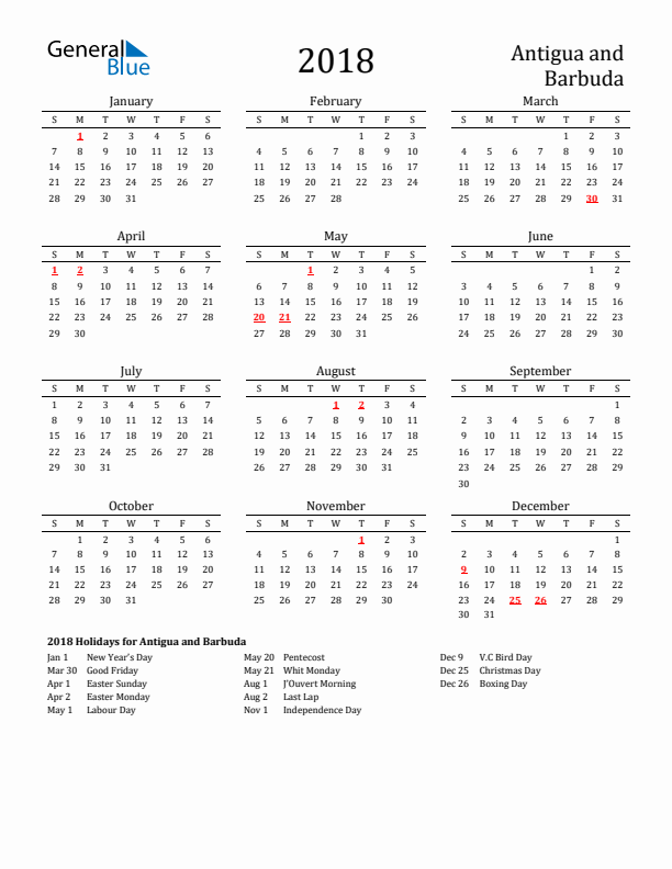 Antigua and Barbuda Holidays Calendar for 2018