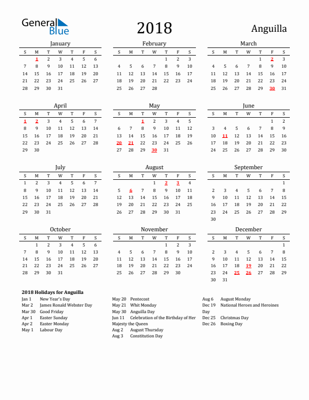 Anguilla Holidays Calendar for 2018