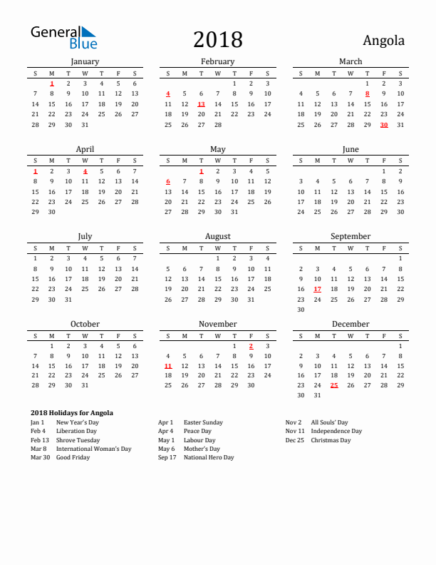 Angola Holidays Calendar for 2018