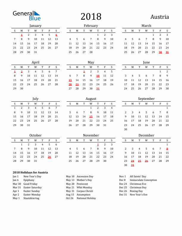 Austria Holidays Calendar for 2018