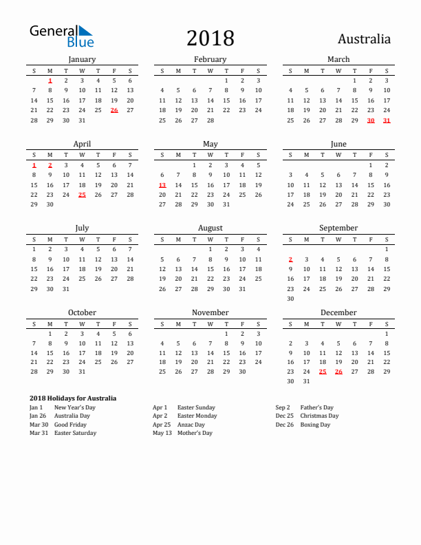 Australia Holidays Calendar for 2018