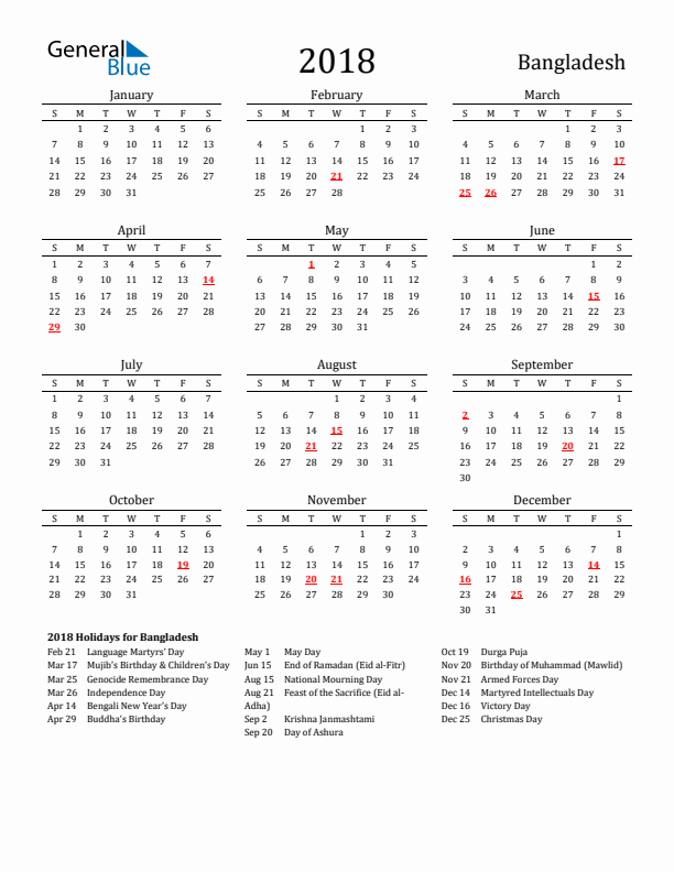 Bangladesh Holidays Calendar for 2018