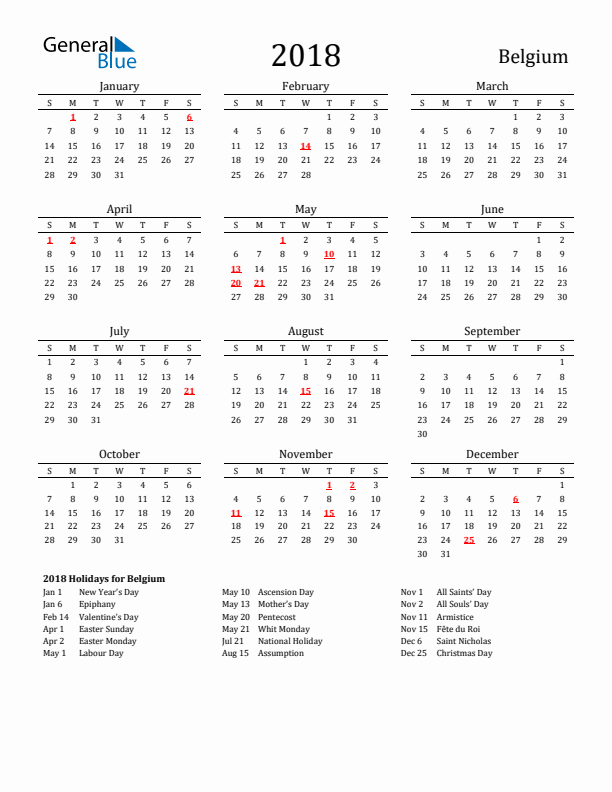 Belgium Holidays Calendar for 2018