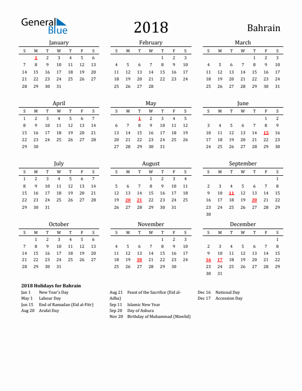 Bahrain Holidays Calendar for 2018