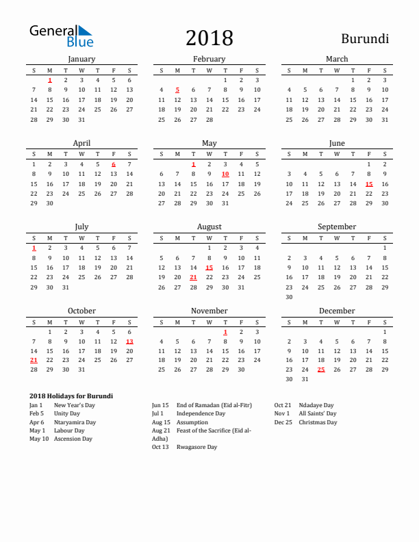 Burundi Holidays Calendar for 2018