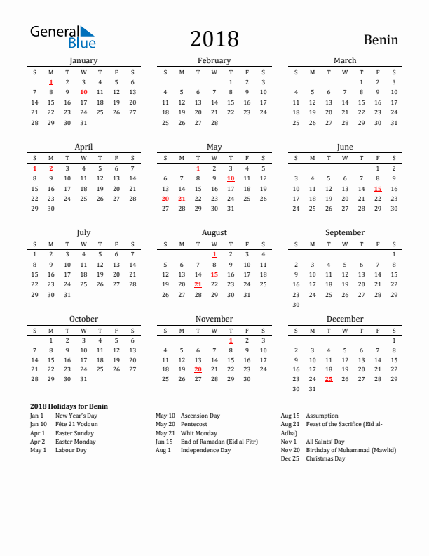 Benin Holidays Calendar for 2018