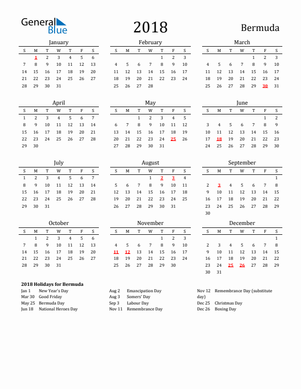 Bermuda Holidays Calendar for 2018