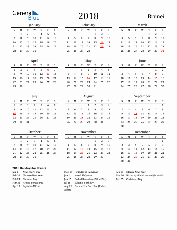 Brunei Holidays Calendar for 2018