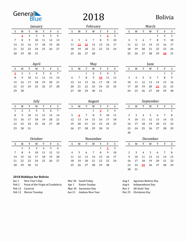 Bolivia Holidays Calendar for 2018
