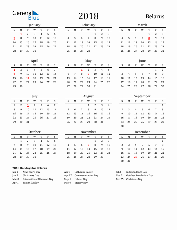 Belarus Holidays Calendar for 2018