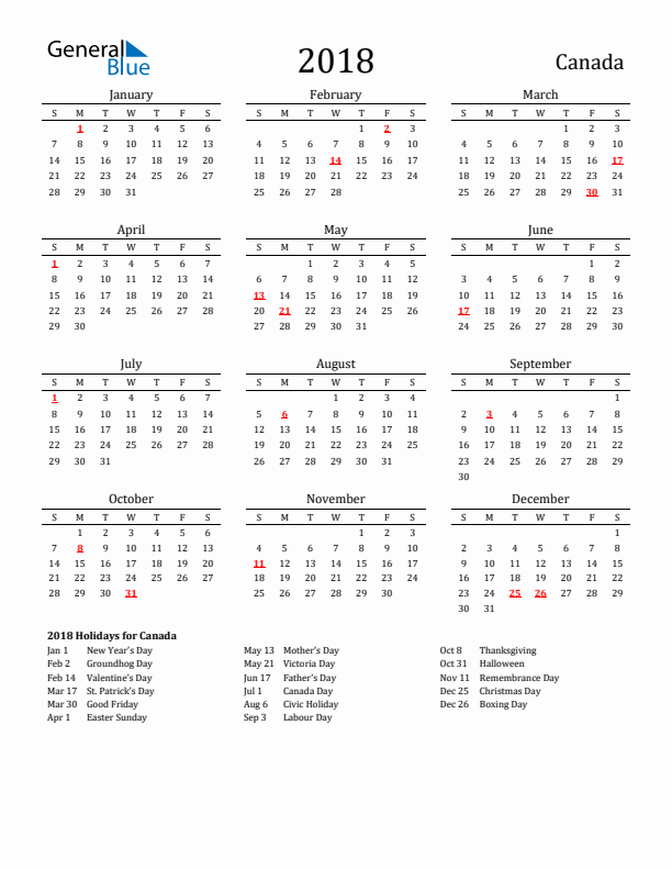 Canada Holidays Calendar for 2018
