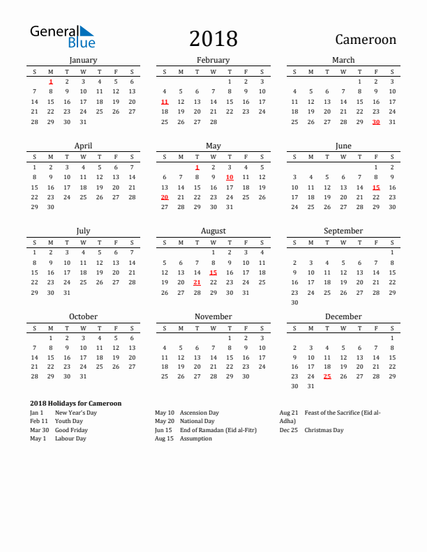 Cameroon Holidays Calendar for 2018
