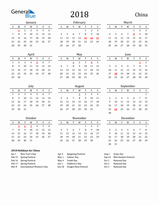 China Holidays Calendar for 2018