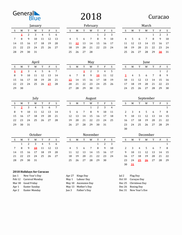 Curacao Holidays Calendar for 2018