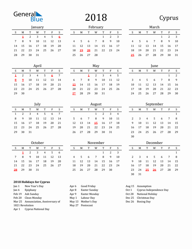 Cyprus Holidays Calendar for 2018