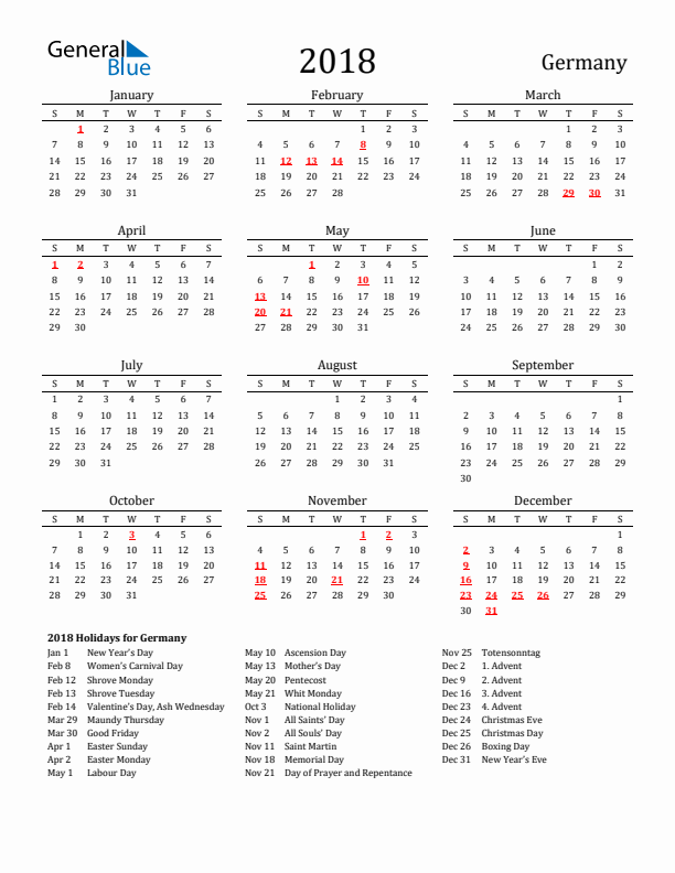 Germany Holidays Calendar for 2018