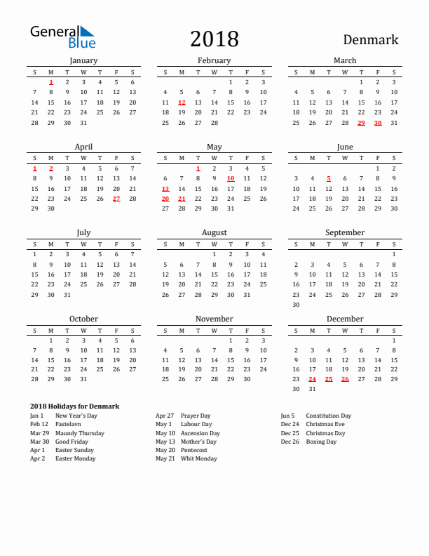 Denmark Holidays Calendar for 2018