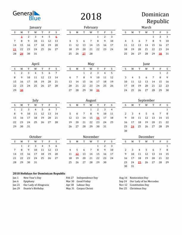 Dominican Republic Holidays Calendar for 2018