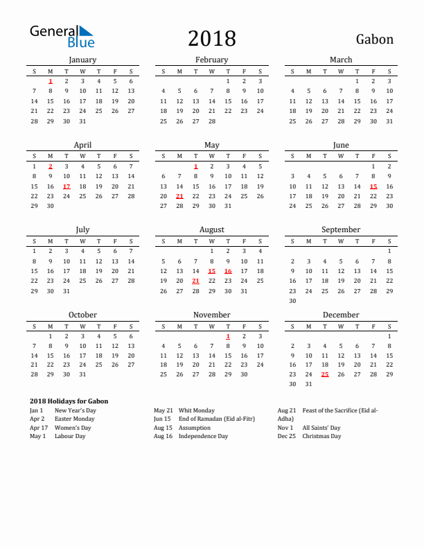 Gabon Holidays Calendar for 2018