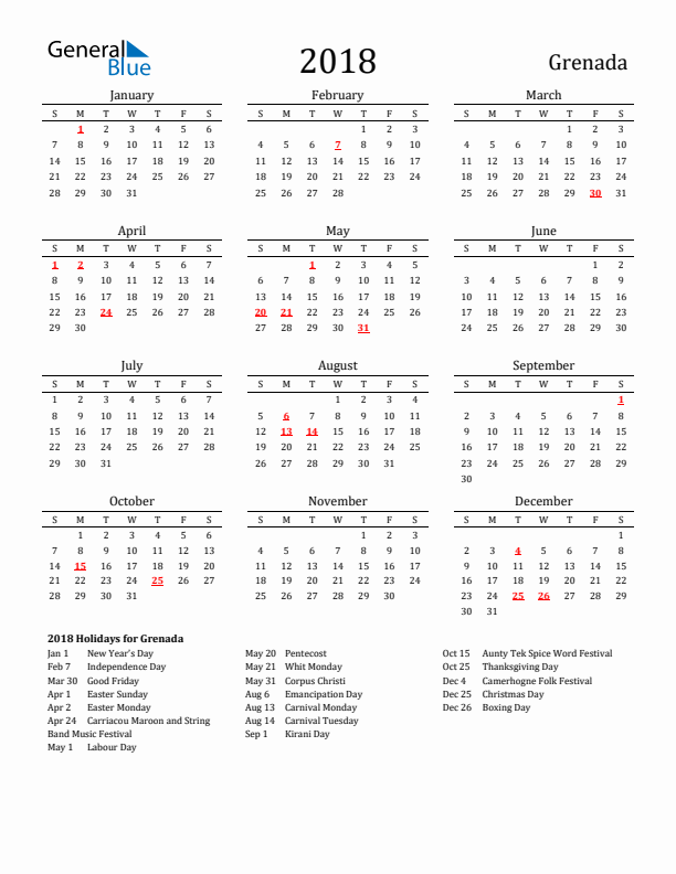 Grenada Holidays Calendar for 2018