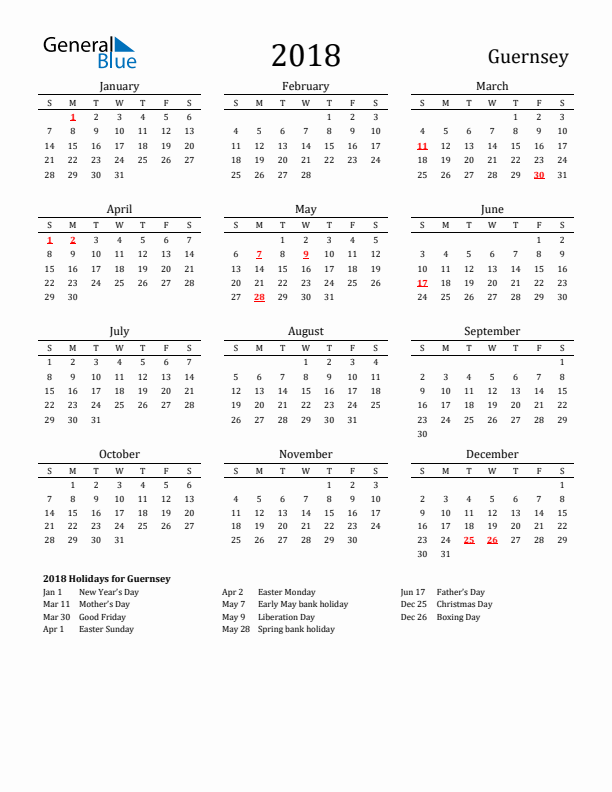 Guernsey Holidays Calendar for 2018