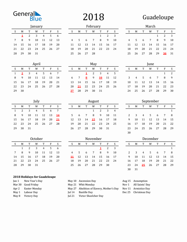 Guadeloupe Holidays Calendar for 2018