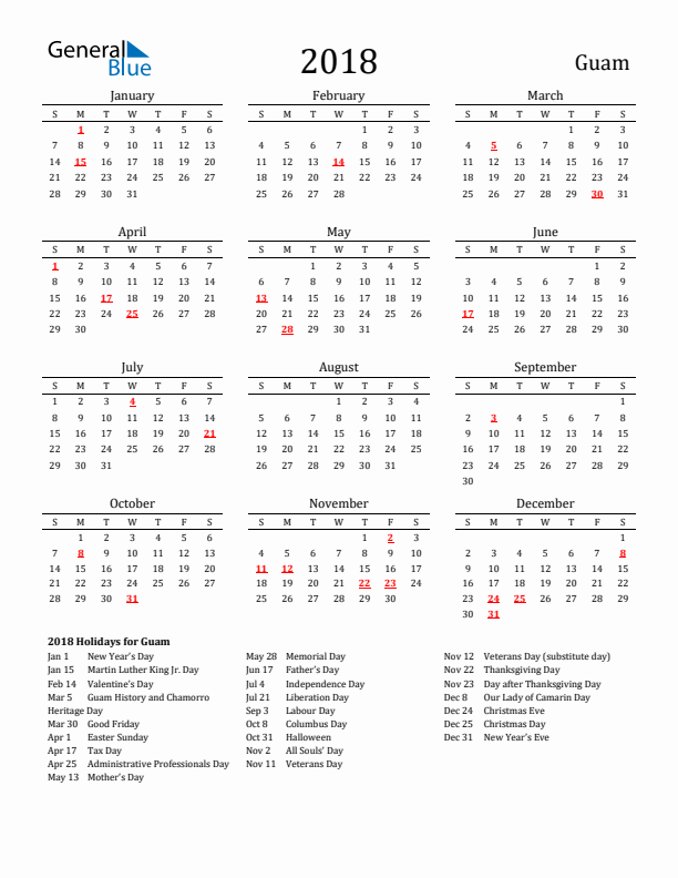Guam Holidays Calendar for 2018