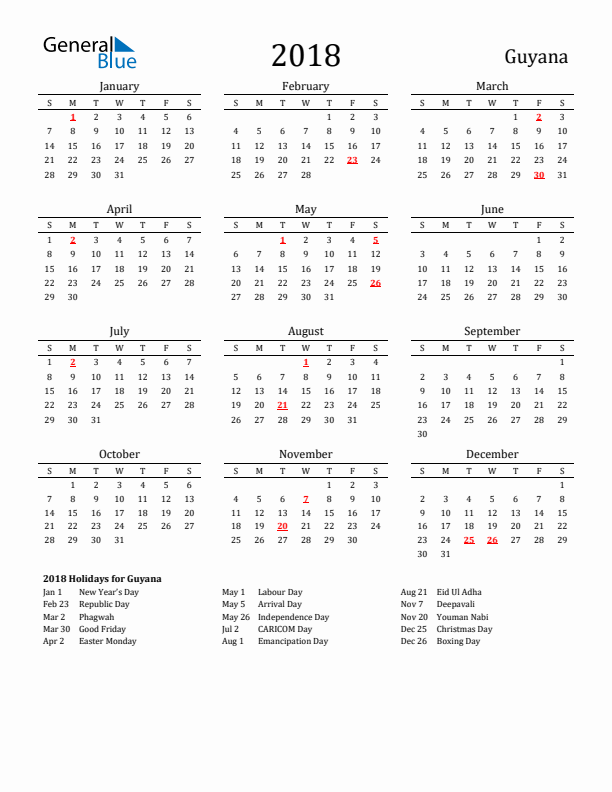 Guyana Holidays Calendar for 2018