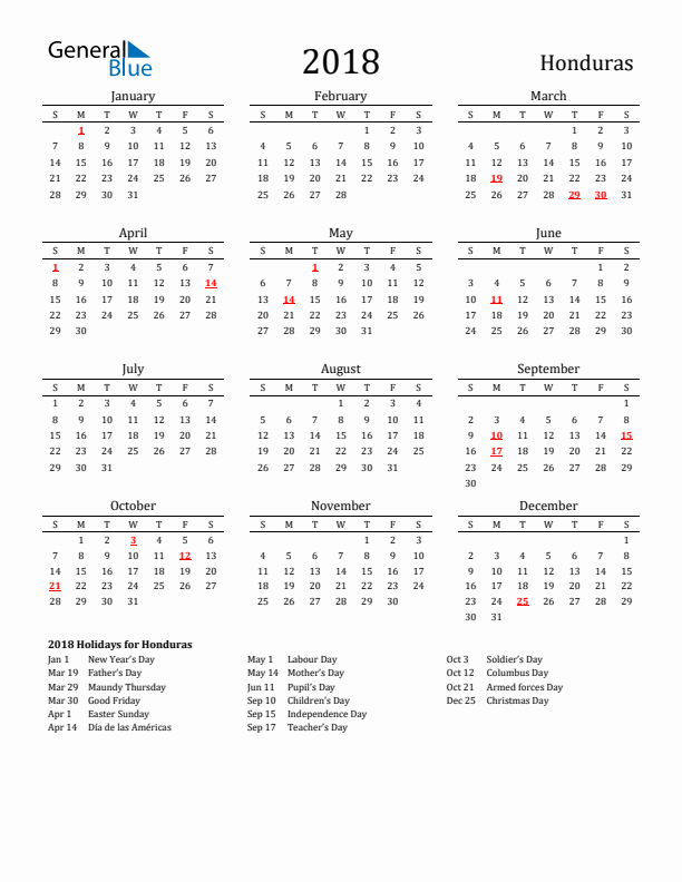 Honduras Holidays Calendar for 2018